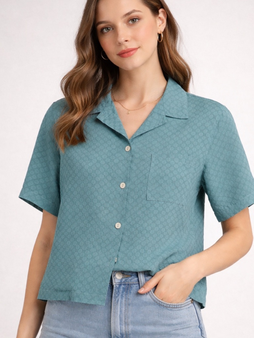 Tommy Bahama Women's Short Sleeve Camp Collar Top in Teal